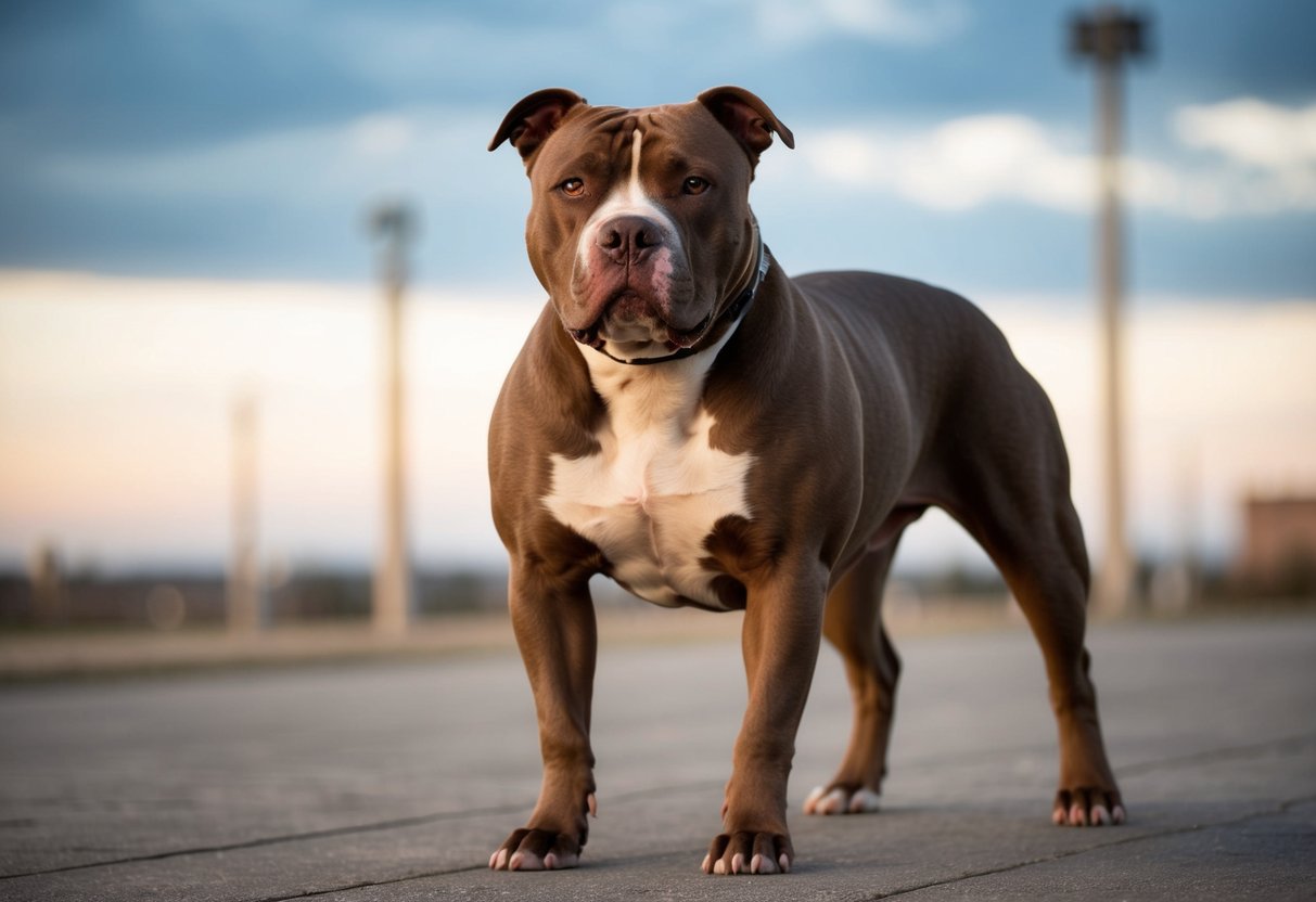 A muscular pit bull stands confidently, with a determined expression and a powerful stance, showcasing the epitome of dog toughness