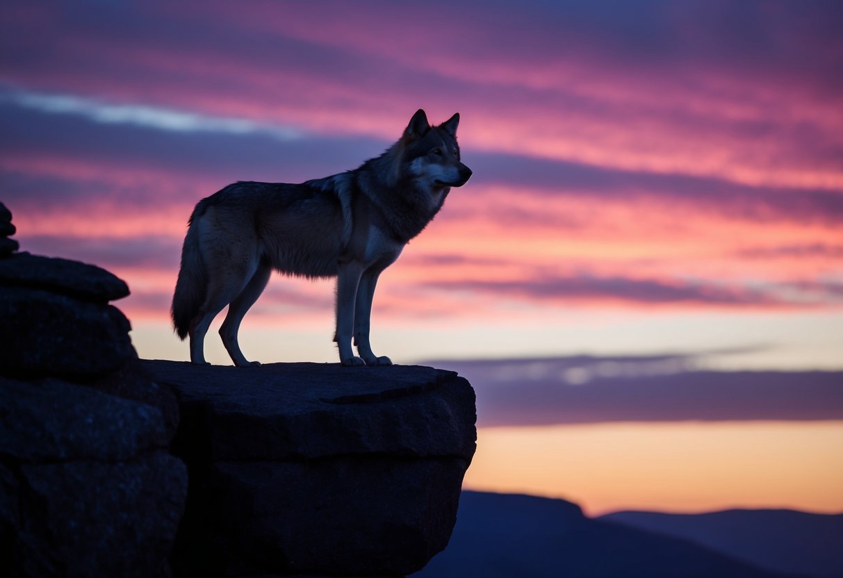 A majestic, lone wolf standing on a rocky cliff, silhouetted against a vibrant sunset sky