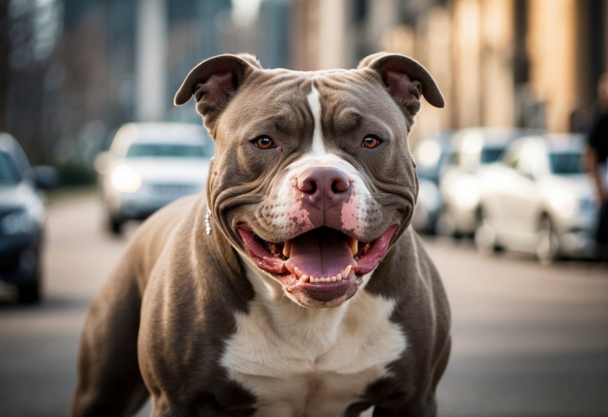 A muscular, snarling pit bull stands defiantly, with a fierce gaze and bared teeth, exuding an aura of strength and power