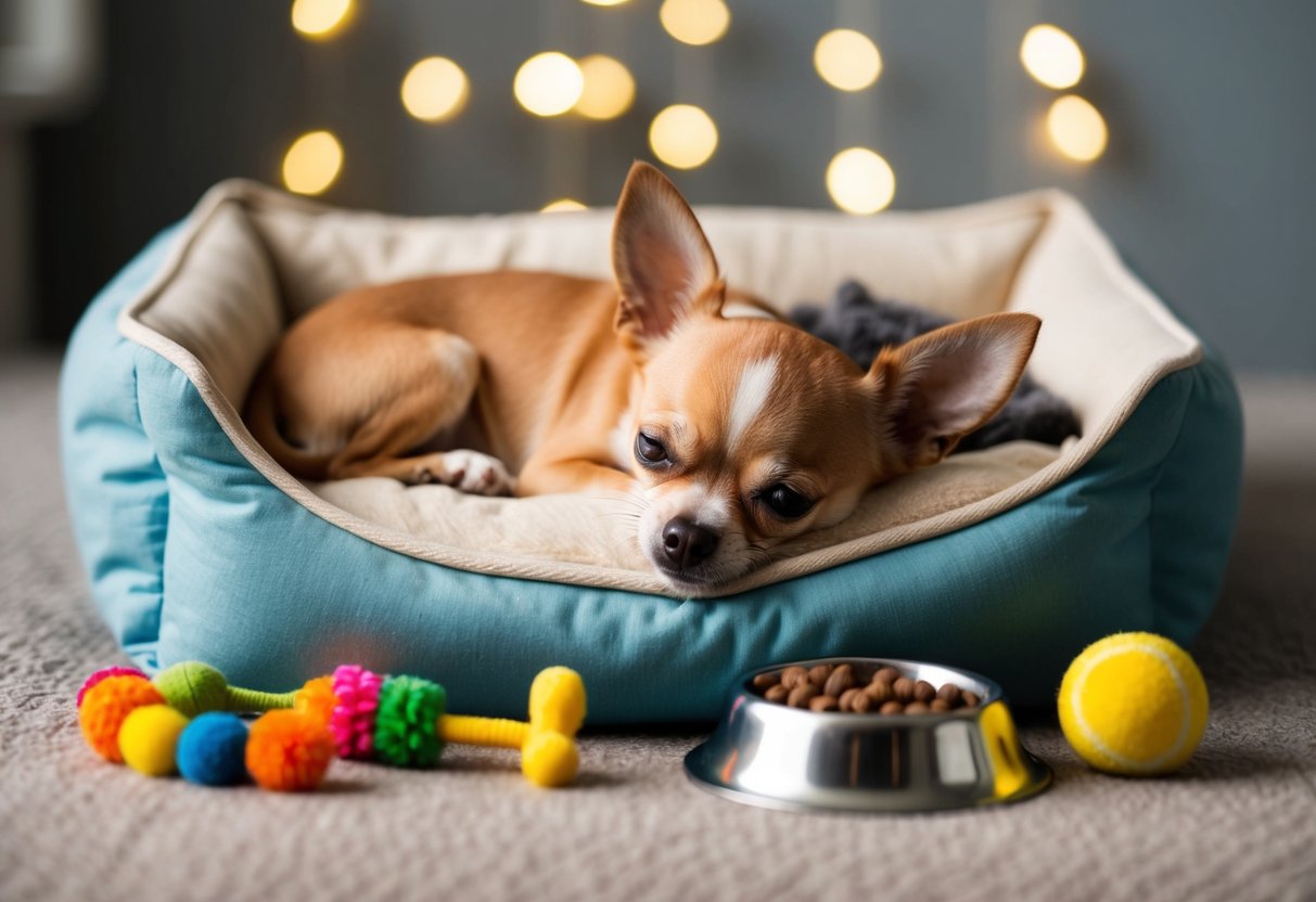 A tiny chihuahua sleeps in a cozy bed, surrounded by toys and a bowl of kibble