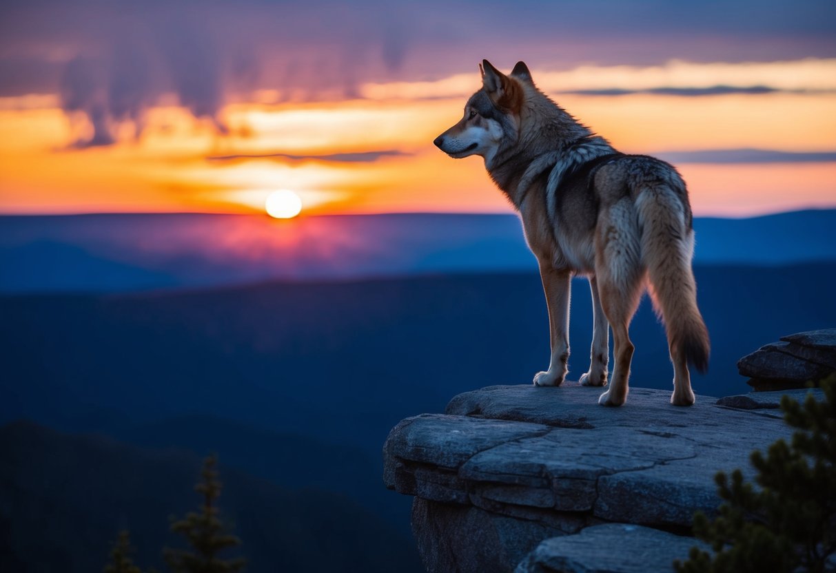 A regal, lone wolf standing on a rocky cliff, gazing out at a vibrant sunset over a vast, untouched wilderness