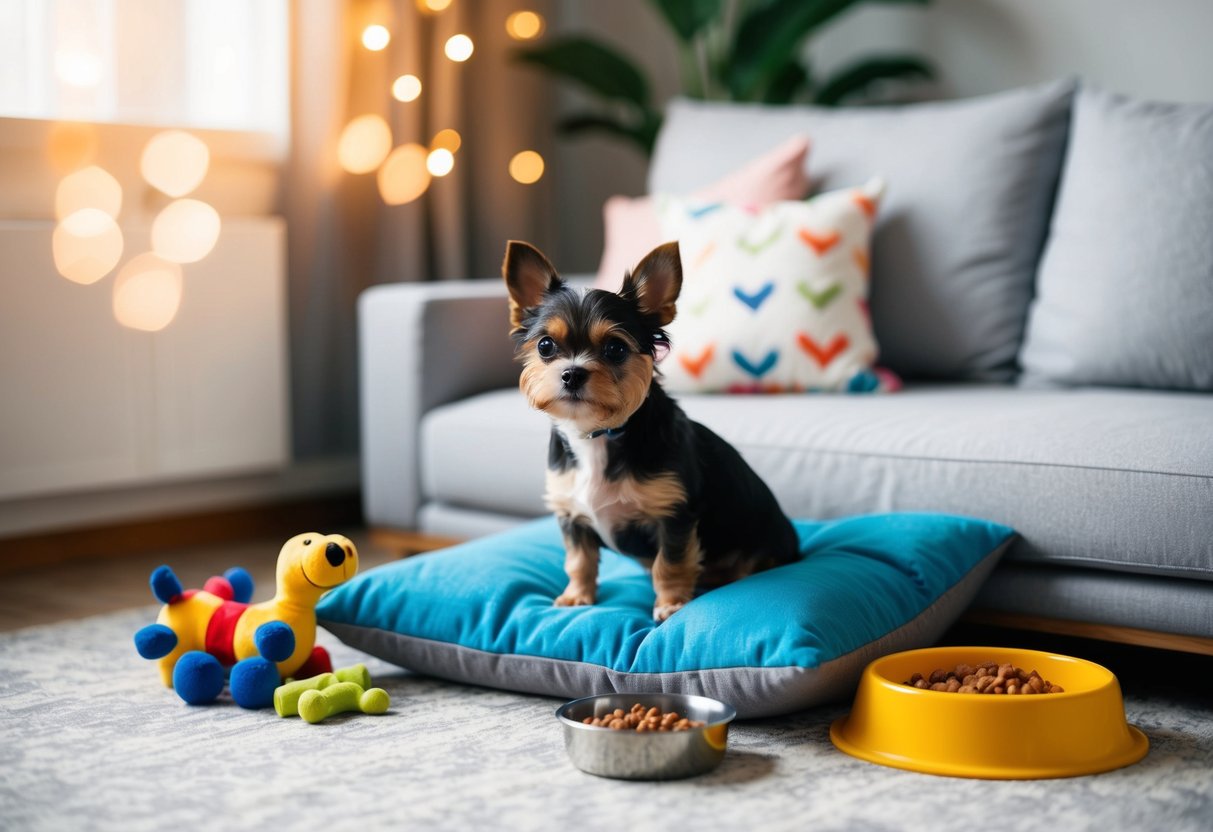 A small dog sitting on a cushion, surrounded by toys and a tiny bed, with a bowl of food and water nearby
