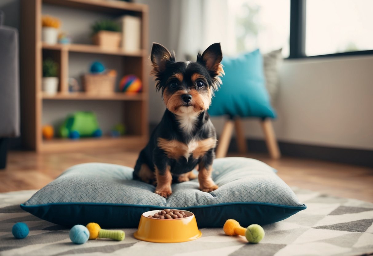 A small dog sitting on a cushion, surrounded by toys and a bowl of food