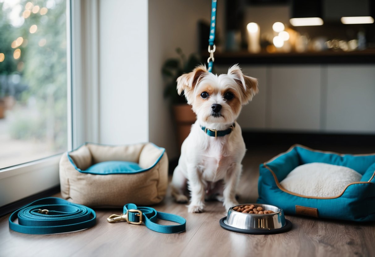 A small dog sitting beside a variety of lifestyle items, such as a leash, a dog bed, and a food bowl, with a thoughtful expression on its face