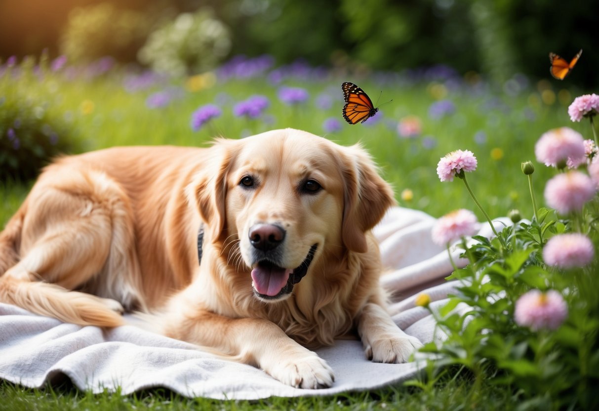 A golden retriever lying on a soft blanket, surrounded by flowers and butterflies in a peaceful garden