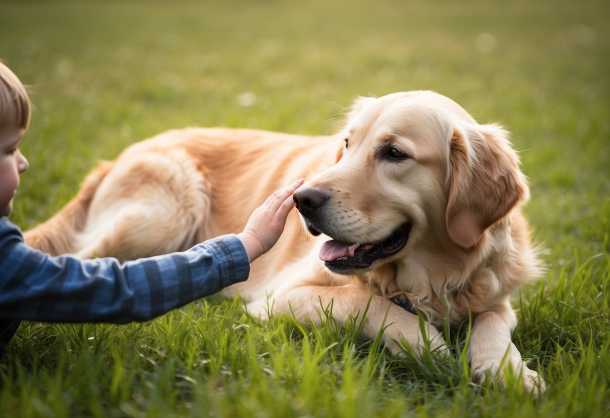 A Golden Retriever gently nuzzles a child's hand while lying on a soft, grassy meadow
