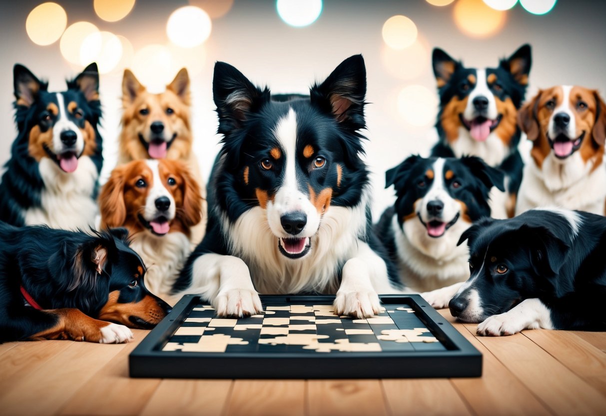A border collie solving a complex puzzle, surrounded by various dog breeds watching in awe