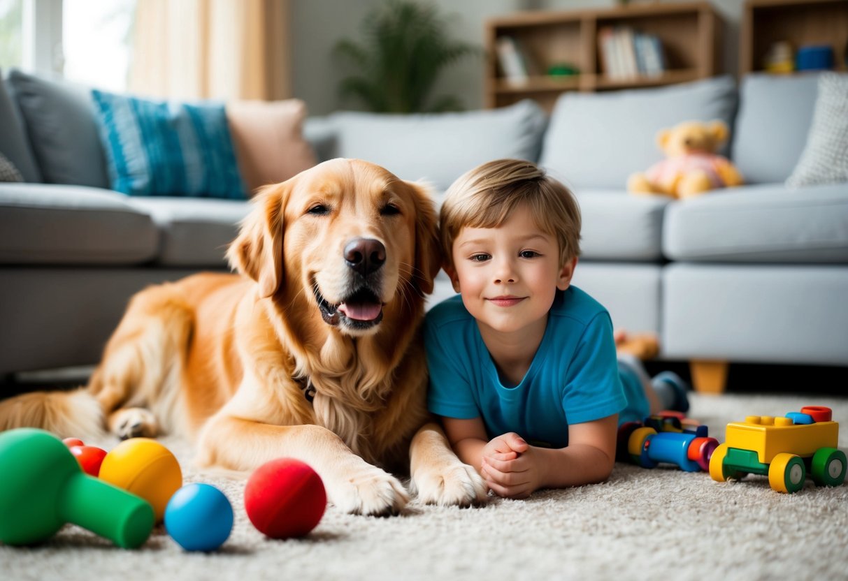 A golden retriever lying peacefully beside a child, both with relaxed expressions, surrounded by toys and a cozy living room setting