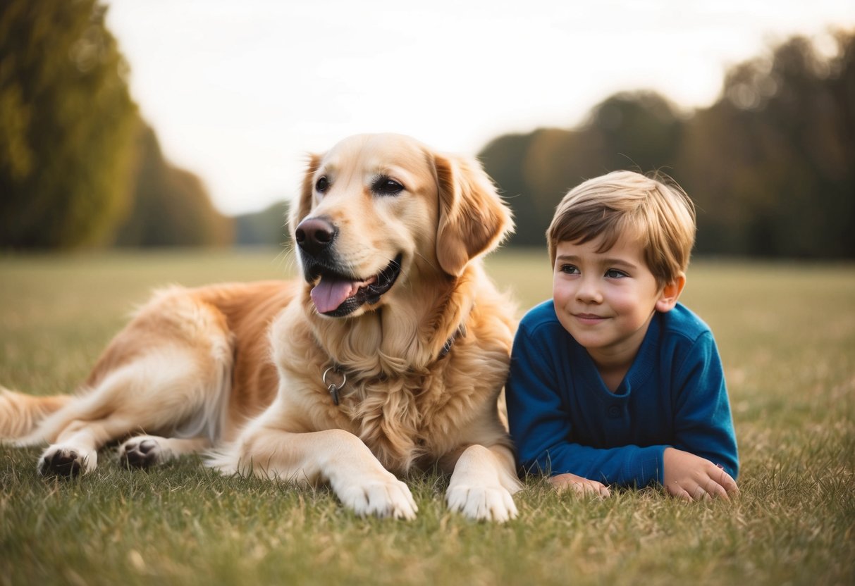 A golden retriever lying calmly next to a child, both looking content and relaxed
