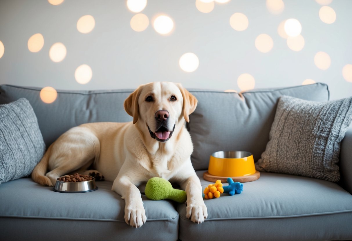 A content Labrador Retriever lounging on a cozy couch, surrounded by toys and a food bowl