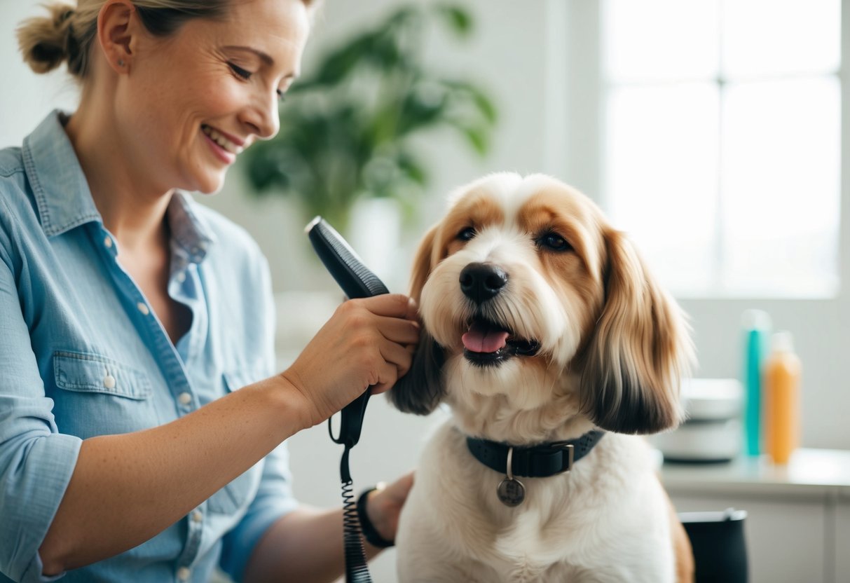 A contented, relaxed dog breed enjoying a gentle grooming session with its owner