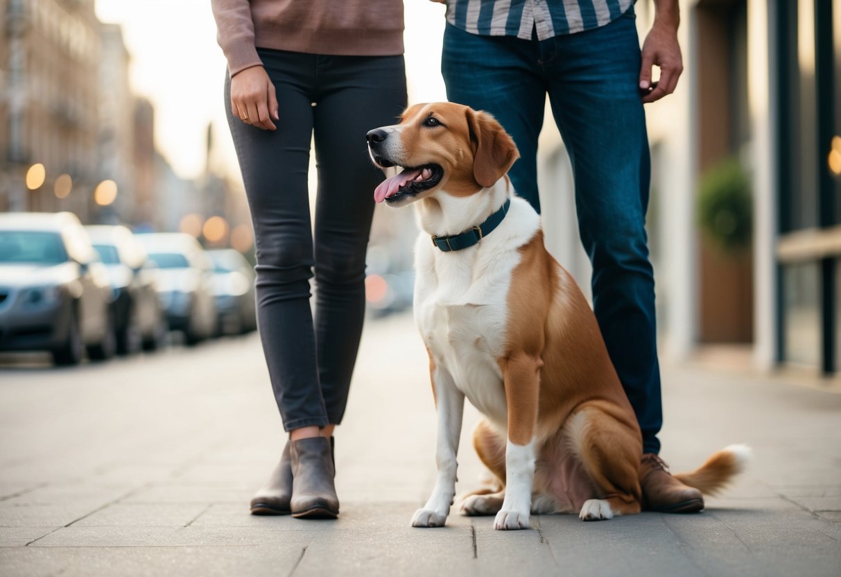 A calm, obedient dog sitting by its owner's side, wagging its tail