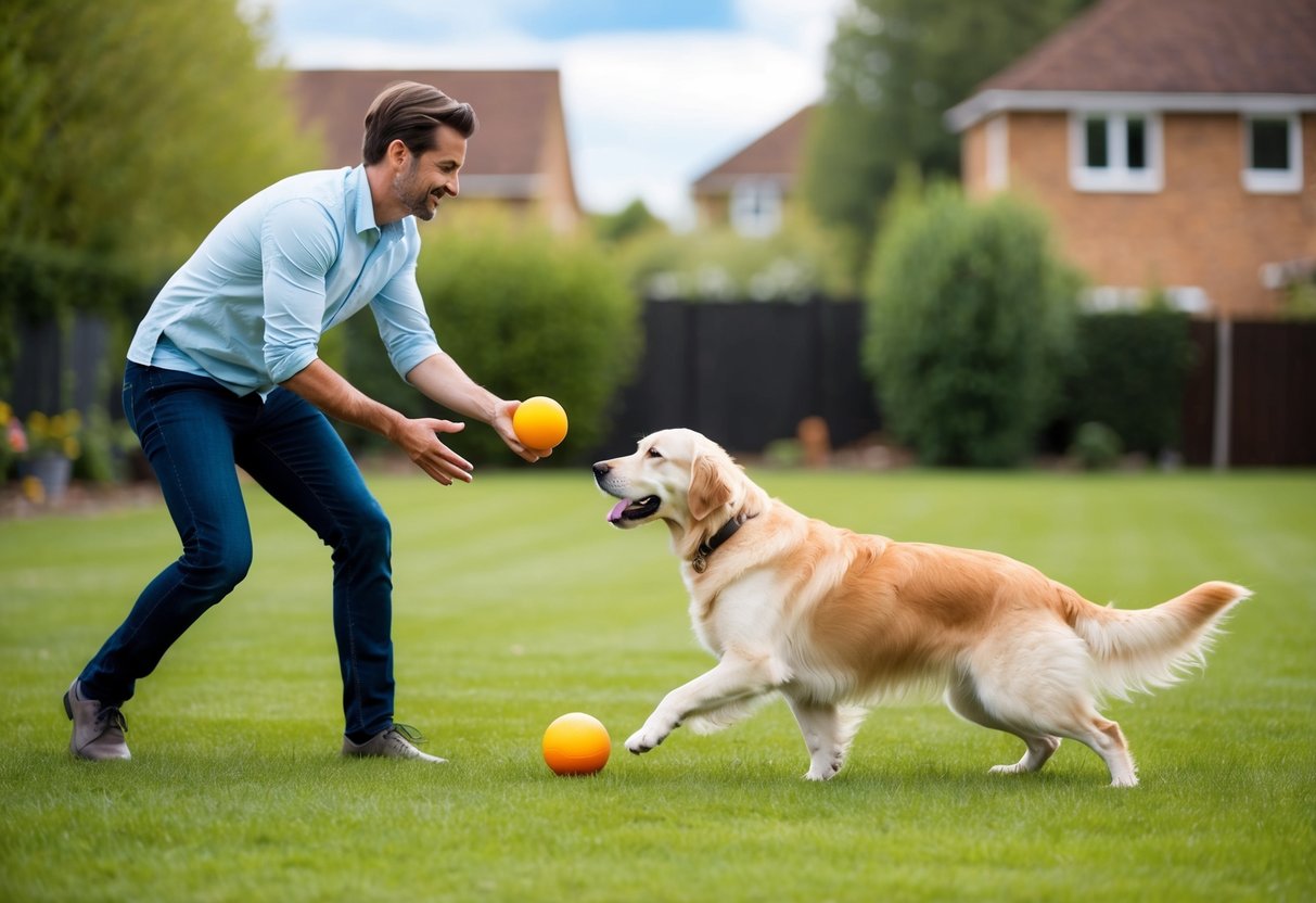 A person playing fetch with a calm and obedient Golden Retriever in a spacious backyard