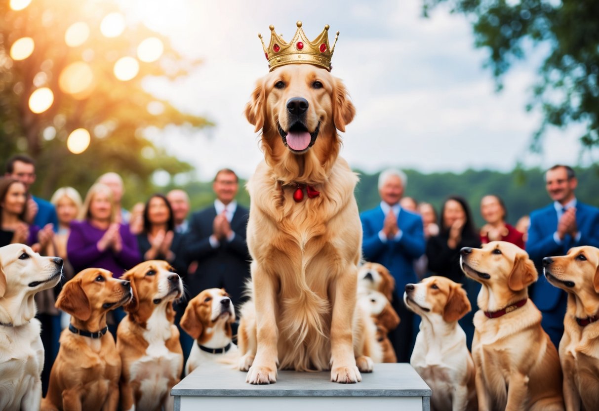 A golden retriever standing on a pedestal, adorned with a crown and surrounded by a crowd of smaller dogs looking up in awe
