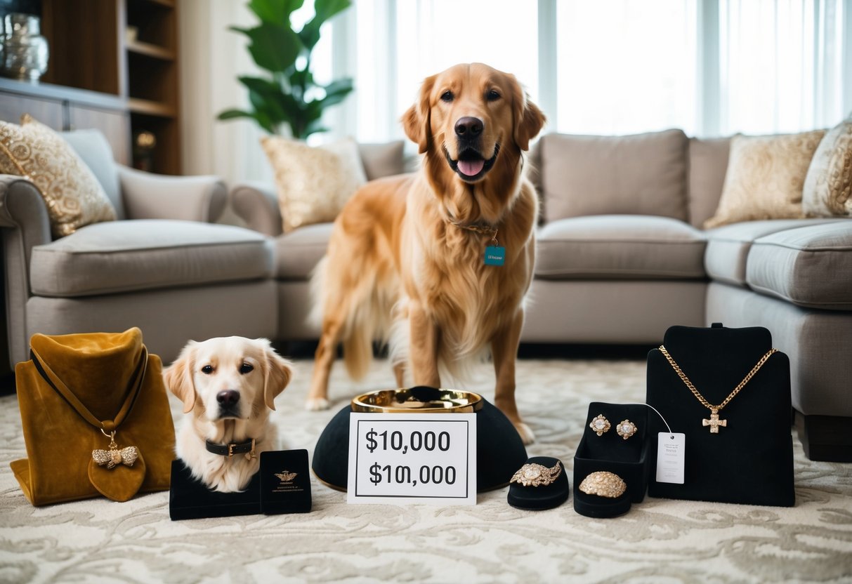 A golden retriever stands in a luxurious living room surrounded by expensive dog accessories and a price tag of $10,000