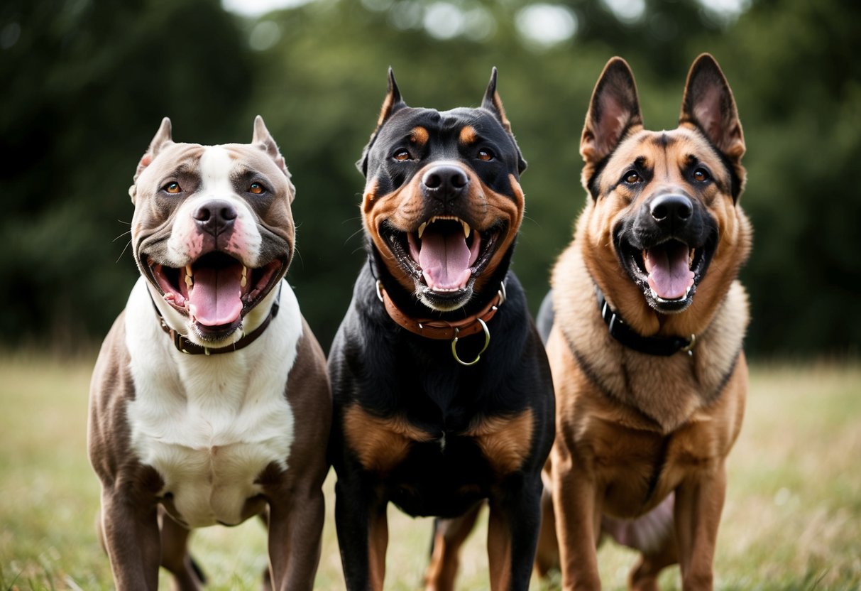Three snarling dogs: Pitbull, Rottweiler, and German Shepherd, baring teeth and standing aggressively