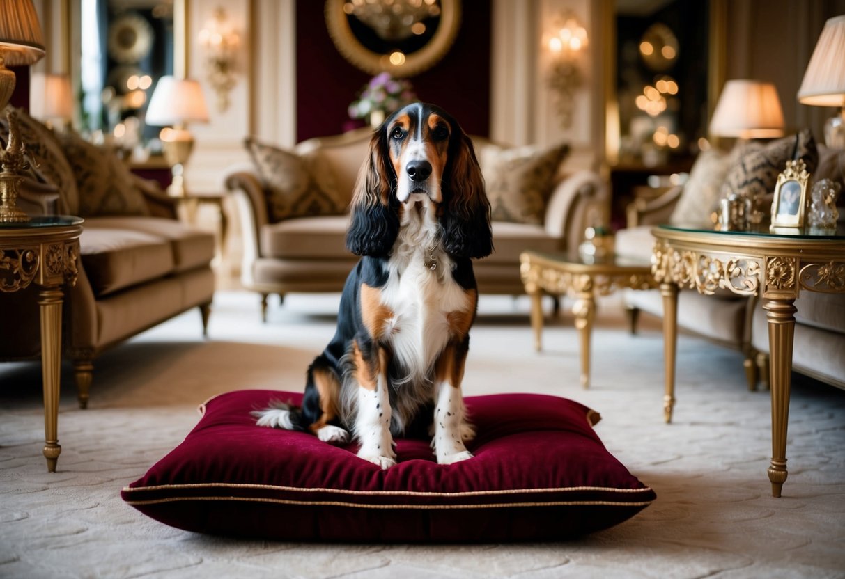 A luxurious living room with a regal-looking Afghan Hound sitting on a velvet cushion, surrounded by opulent decor and expensive accessories
