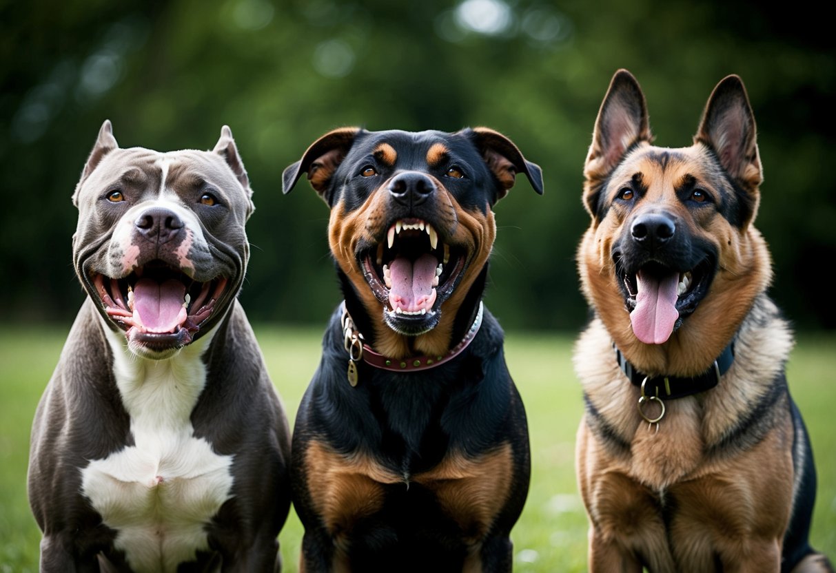 Three snarling dogs: a pit bull, a rottweiler, and a German shepherd, standing aggressively with bared teeth and raised hackles