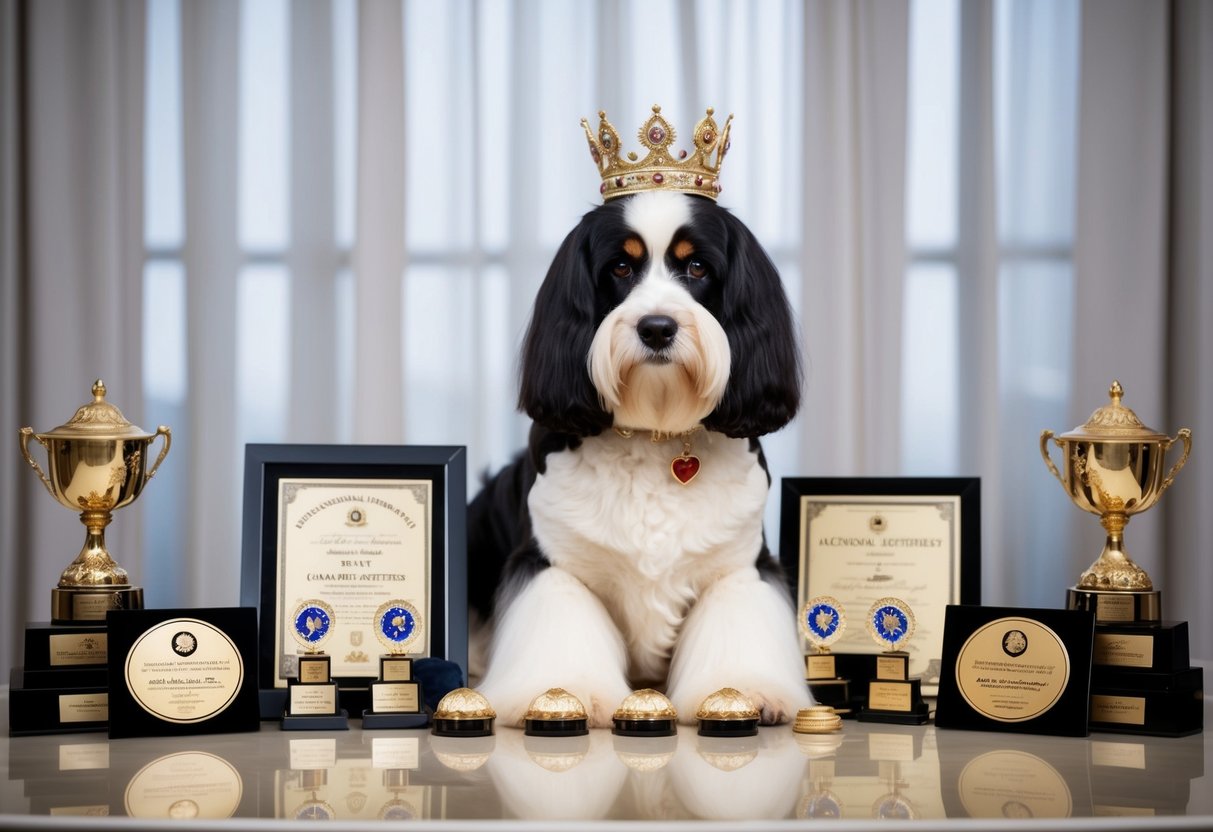 A luxurious setting with a regal, well-groomed purebred dog surrounded by prestigious awards and certificates