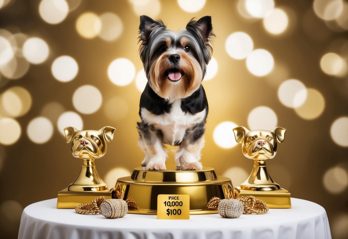 A luxurious dog breed stands on a golden pedestal, surrounded by expensive dog accessories and a price tag of $10,000