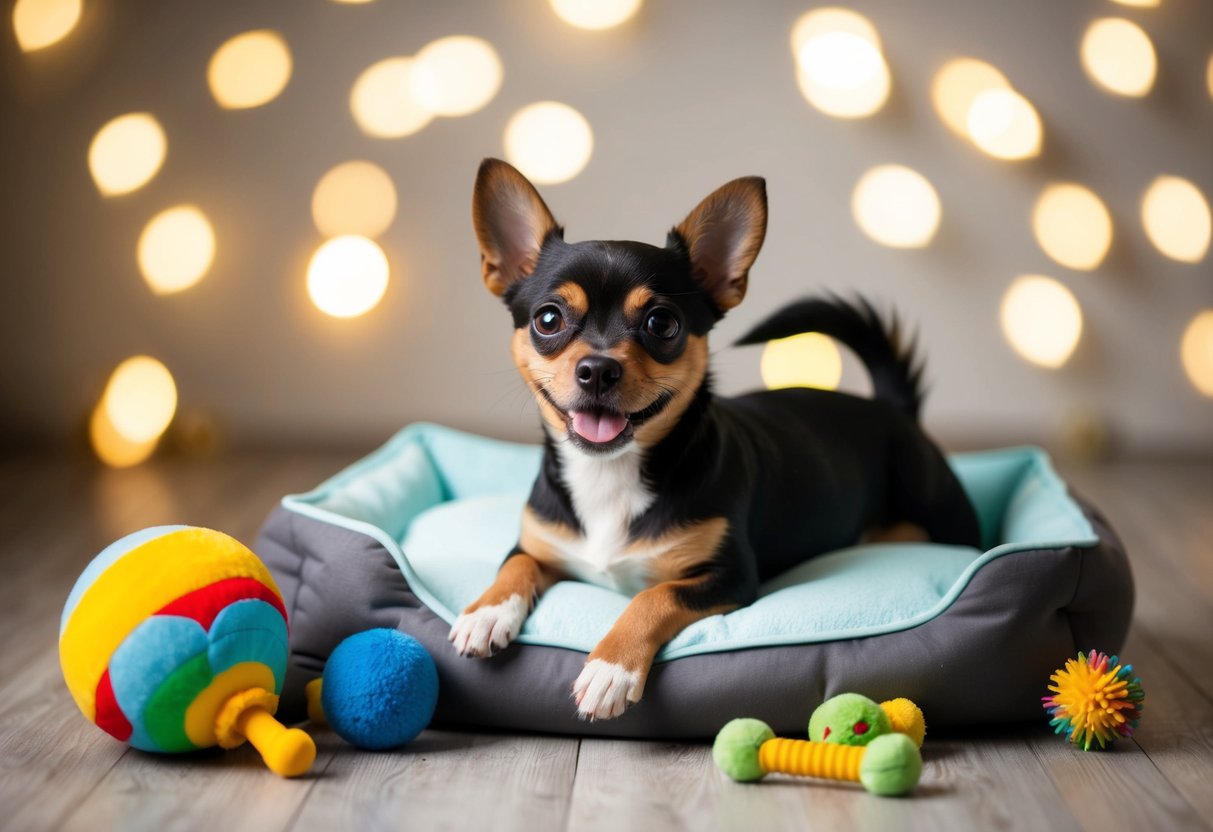 A small, playful dog with a wagging tail and a friendly expression, surrounded by toys and a cozy bed