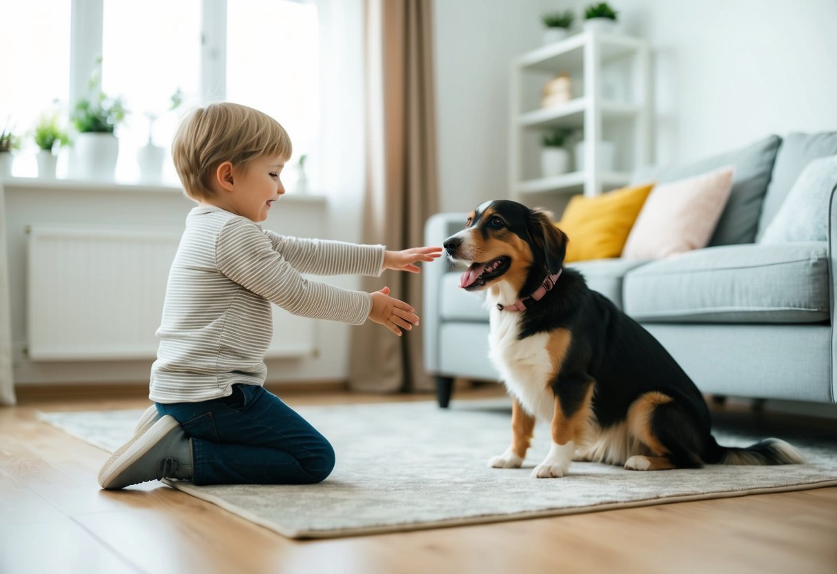 A happy child playing with a content and well-groomed, low-maintenance dog in a clean and tidy living room