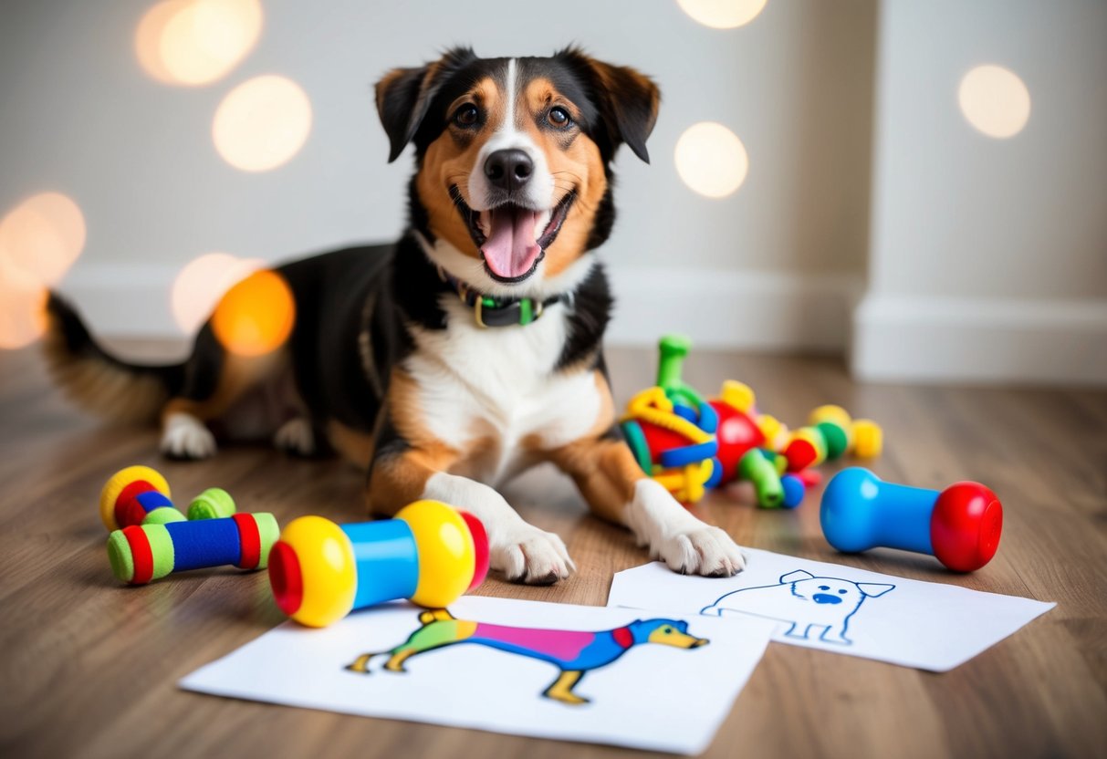 A happy, playful dog with a wagging tail, surrounded by toys and a child's drawing of a dog