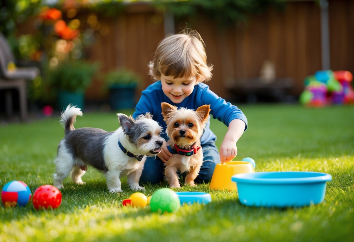 A young child playing with a small, friendly dog in a backyard setting, surrounded by toys and a water bowl