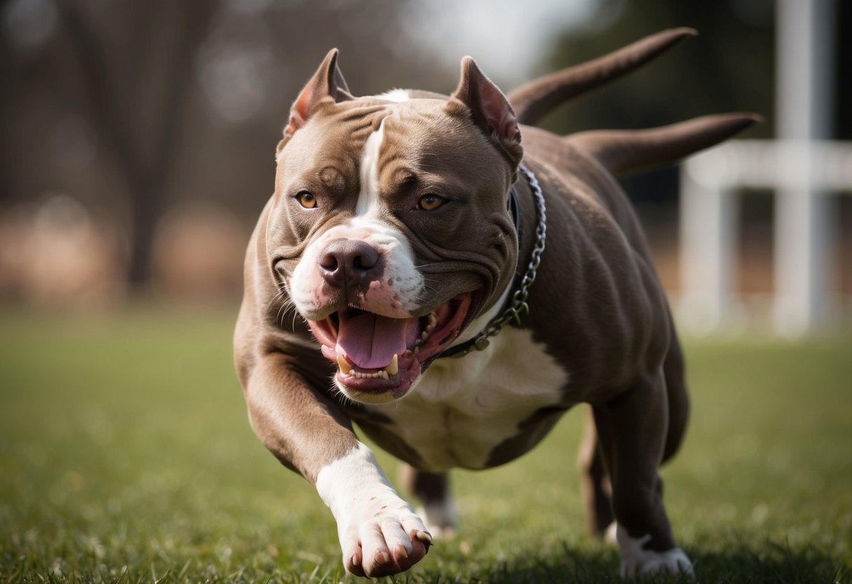 A snarling, muscular pit bull lunges forward, teeth bared, eyes fixed on its target
