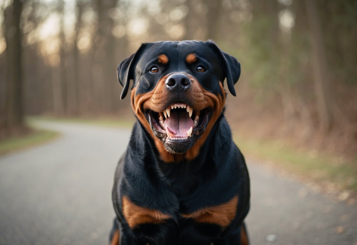 A snarling Rottweiler baring its teeth, standing in a defensive posture with raised hackles and a menacing glare