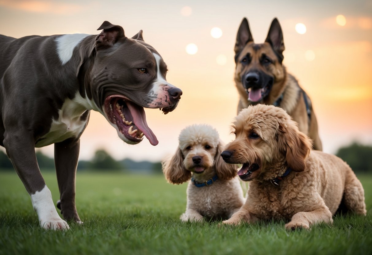 A snarling pit bull lunges at a cowering poodle, while a German shepherd bares its teeth in the background