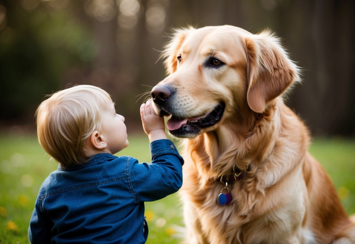 A golden retriever gently nuzzles a small child, wagging its tail and looking up with a warm, friendly expression