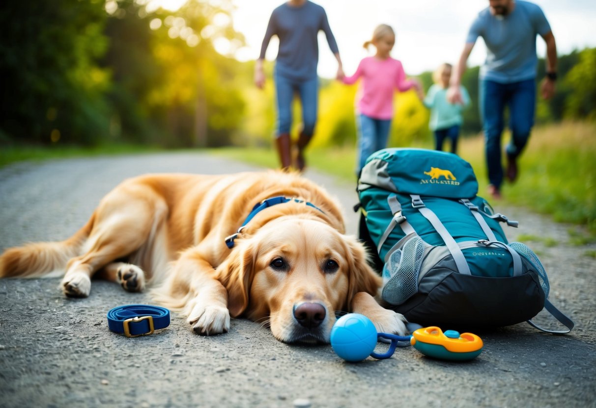 A golden retriever lying next to a child's toy, a leash, and a hiking backpack, with a family playing in the background