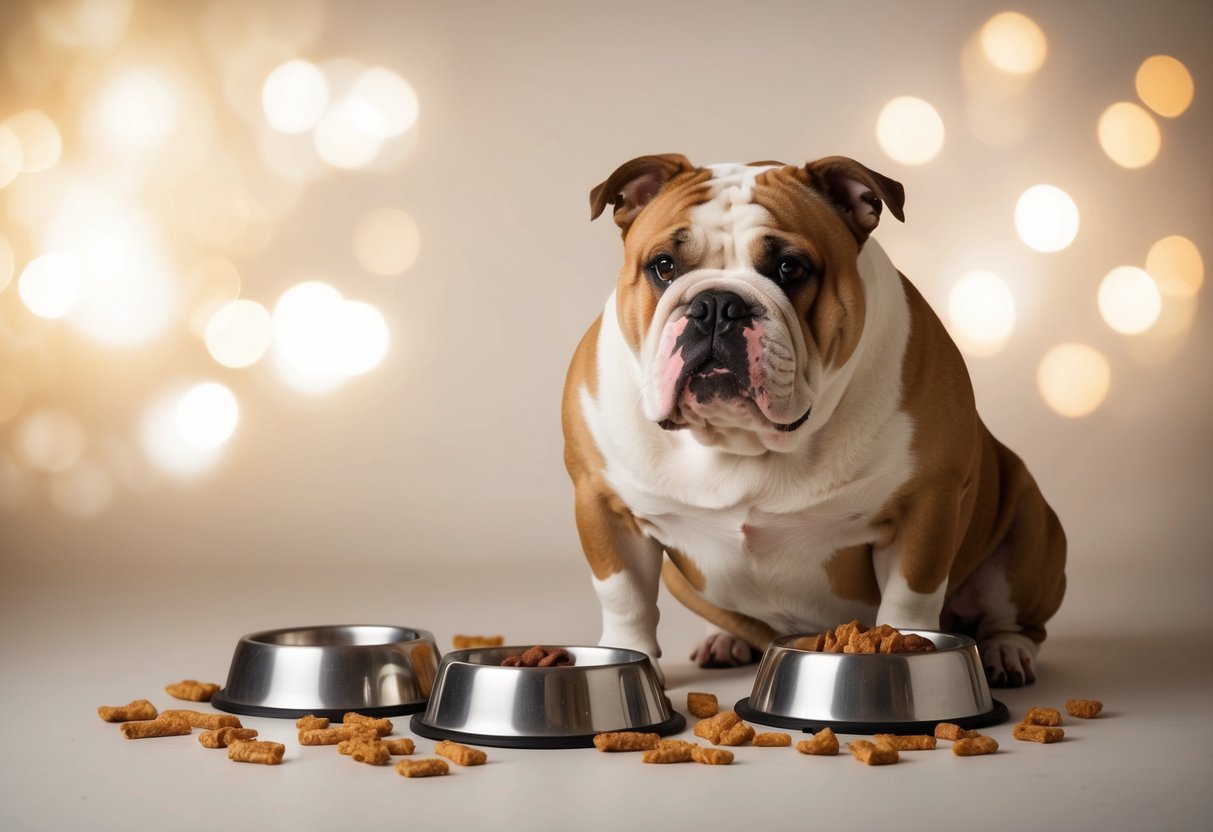 An overweight bulldog surrounded by empty food bowls and discarded treats