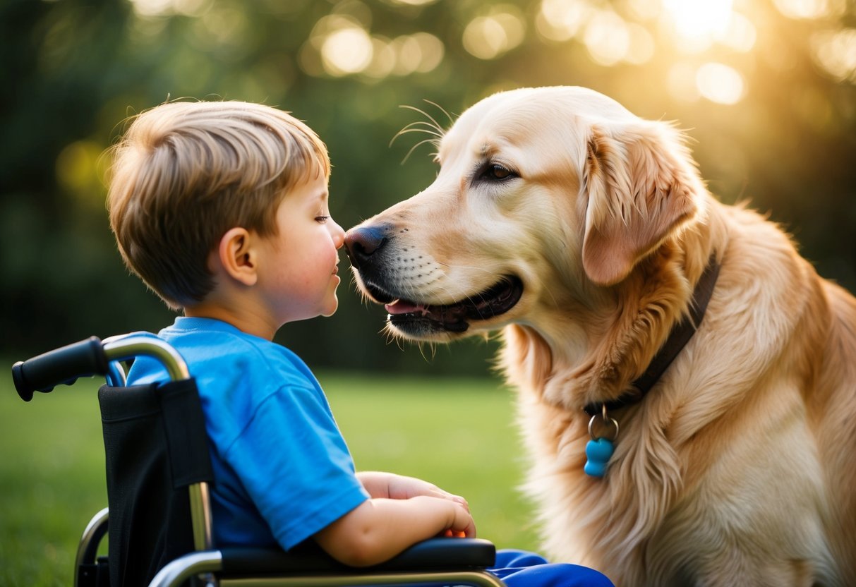 A golden retriever gently nuzzling a child with a disability, bringing comfort and joy