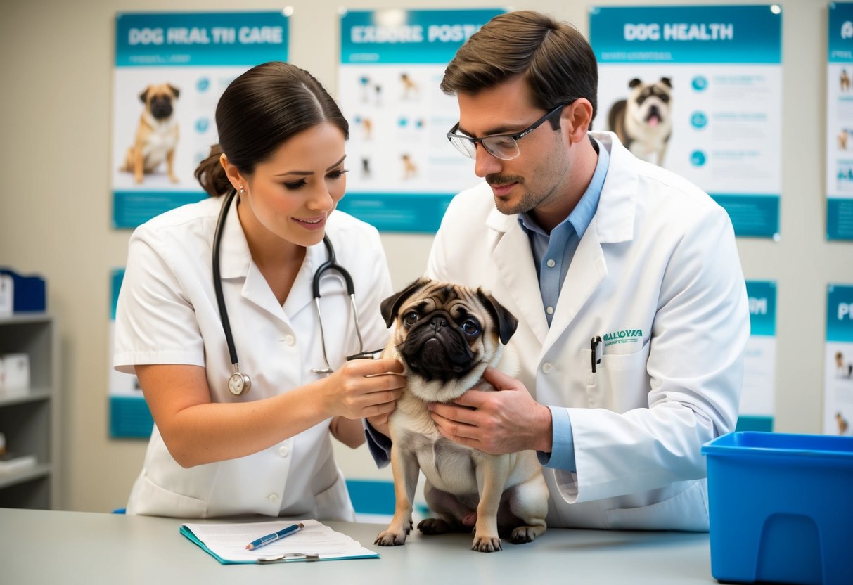 A veterinarian examining a pug with breathing difficulties, surrounded by informational posters on dog health and care