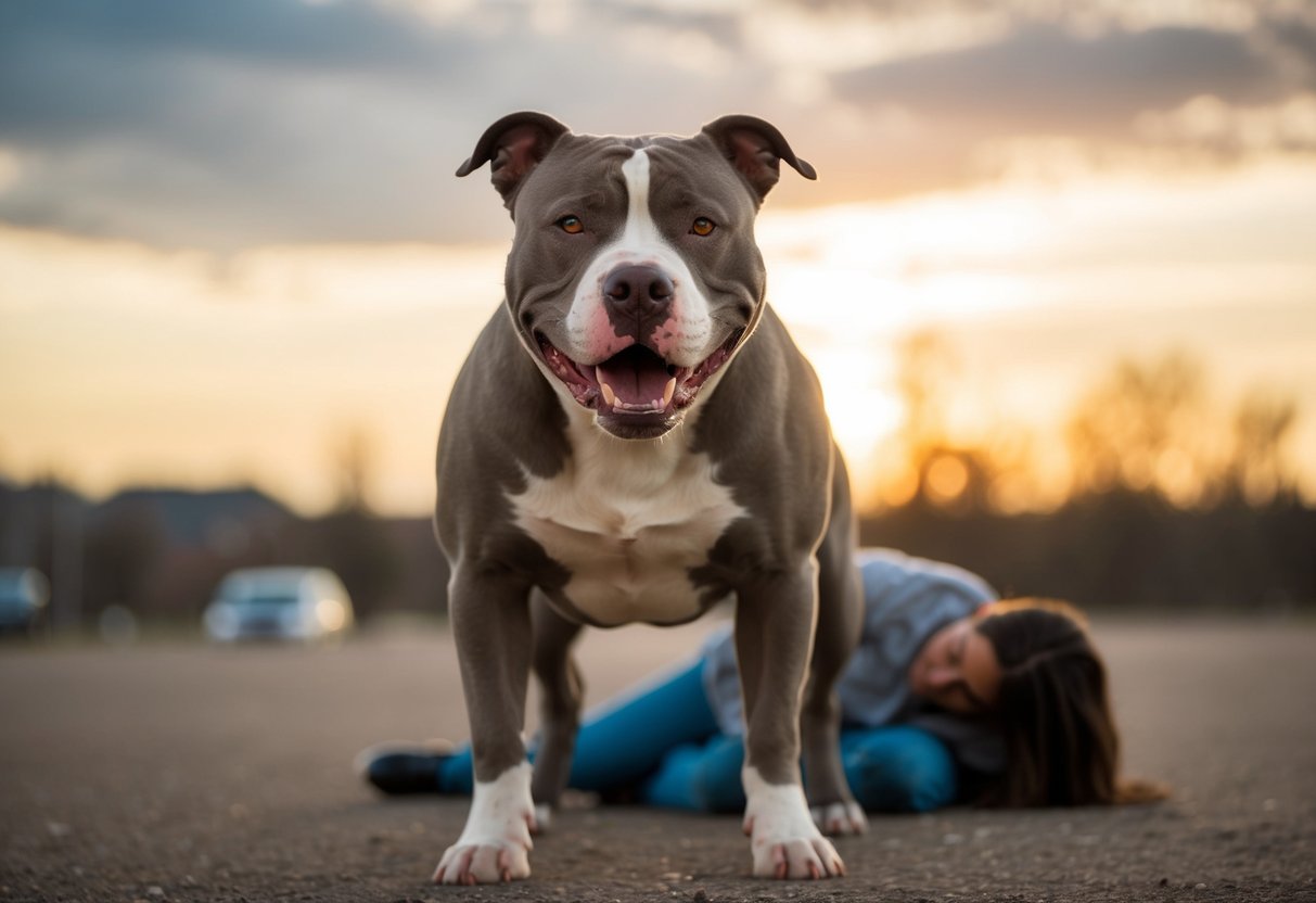 A snarling pit bull with raised hackles and bared teeth, standing over a cowering figure