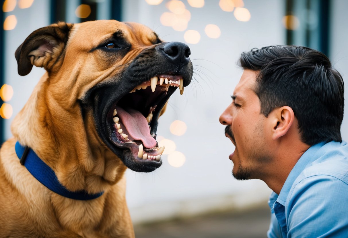A large, aggressive dog bares its teeth and growls at its owner, who is cowering in fear