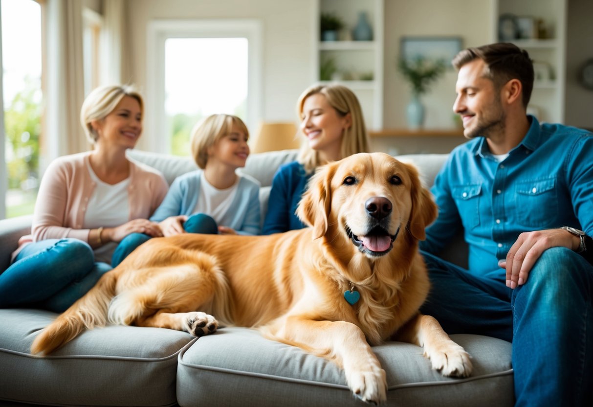A golden retriever lounges contentedly in a sunlit living room, surrounded by a peaceful family