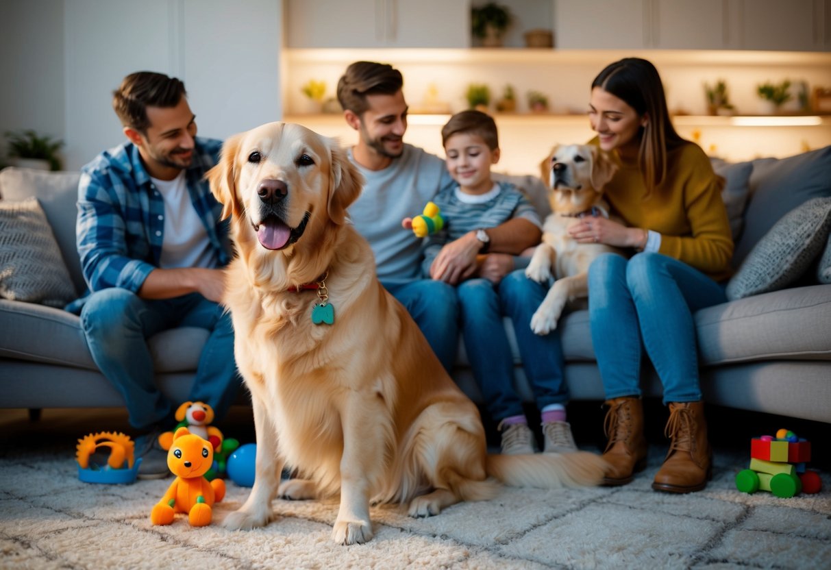 A golden retriever calmly sitting with a family on a peaceful evening, surrounded by toys and a cozy living room