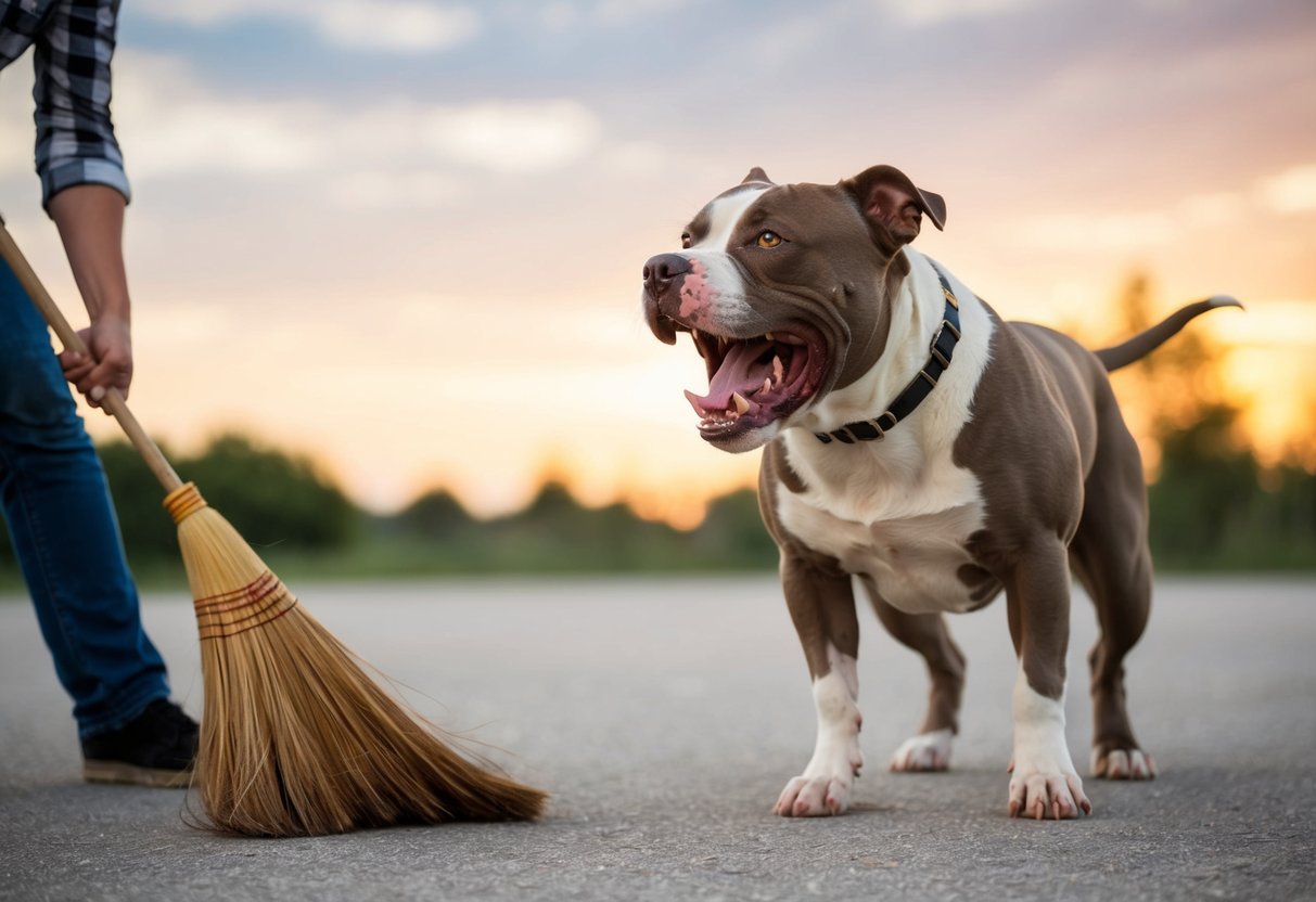 A snarling pit bull lunges towards its owner, teeth bared and ears flattened, as the owner tries to defend themselves with a broom