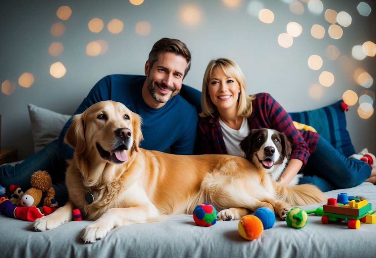 A golden retriever lying peacefully next to a content family, surrounded by toys and a cozy bed