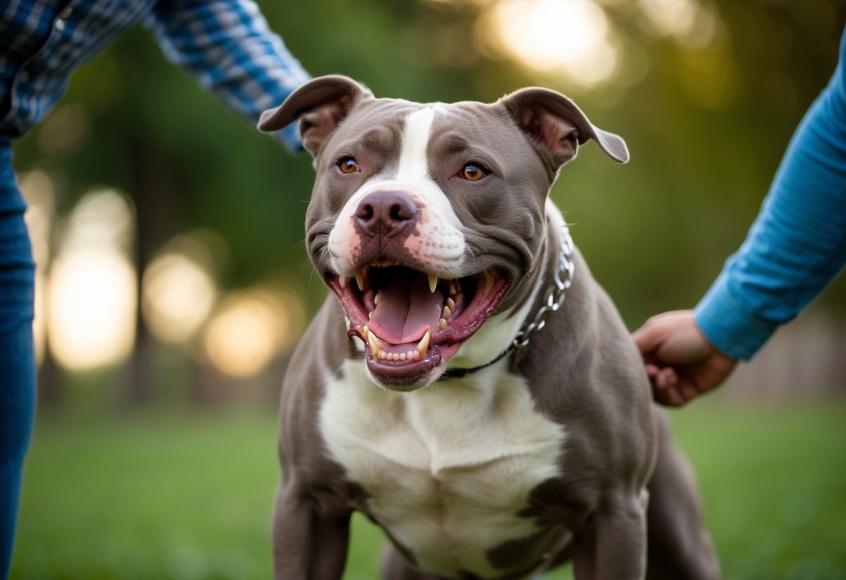 A snarling pit bull lunges at its owner, teeth bared and ears pinned back in a defensive stance