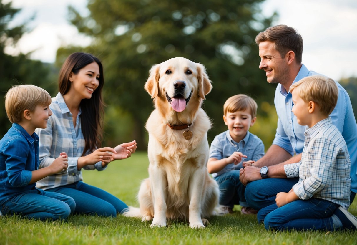 A golden retriever calmly sits among a family of four, wagging its tail as the children play and the parents chat