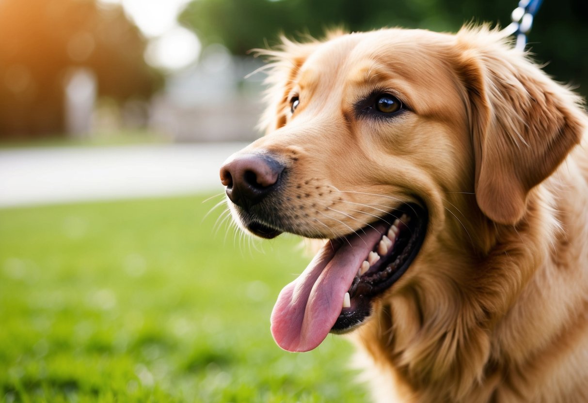 A golden retriever wagging its tail, tongue out, and eagerly approaching with a big, welcoming smile