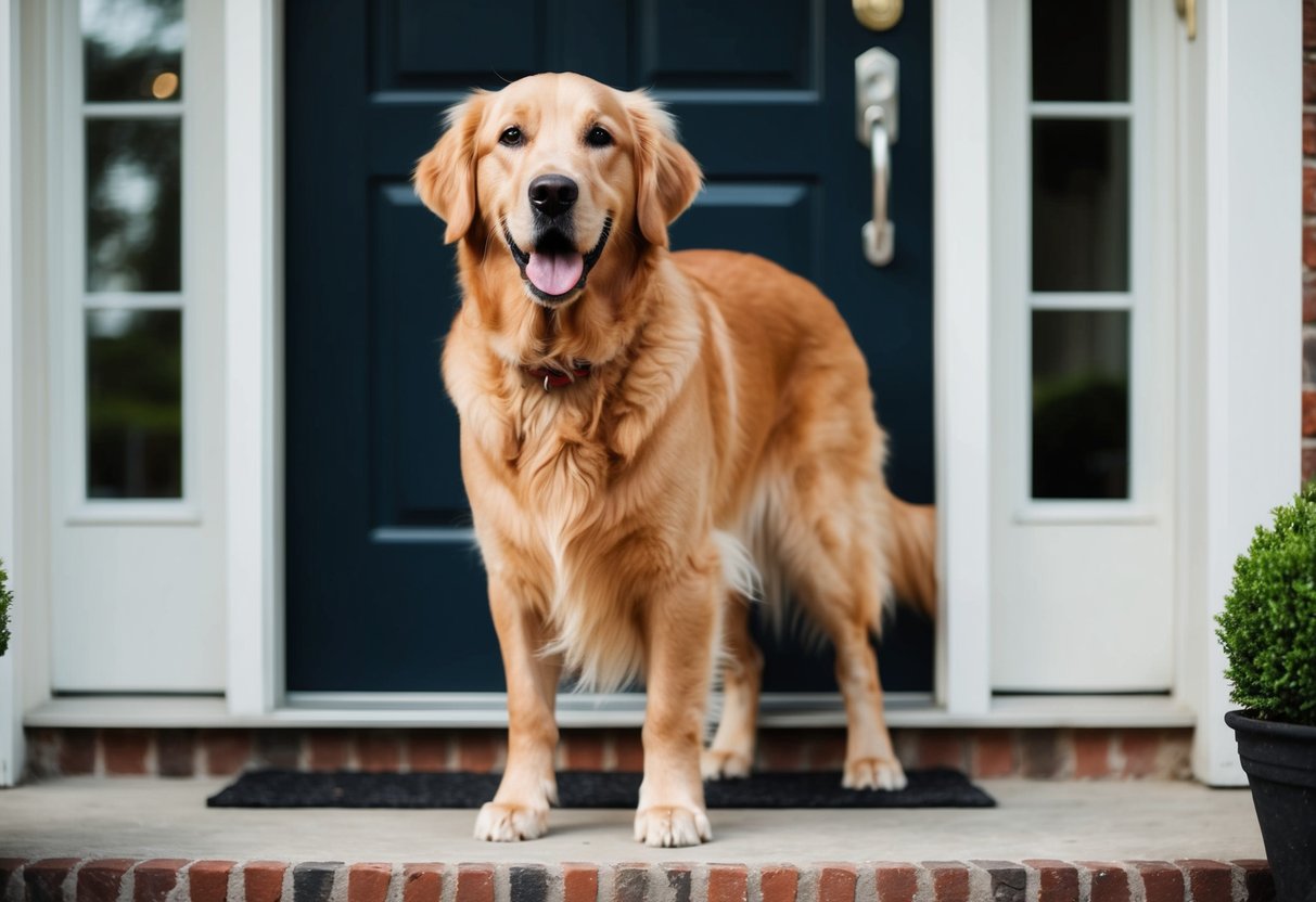 A golden retriever waiting patiently by the front door, eagerly wagging its tail as its owner approaches