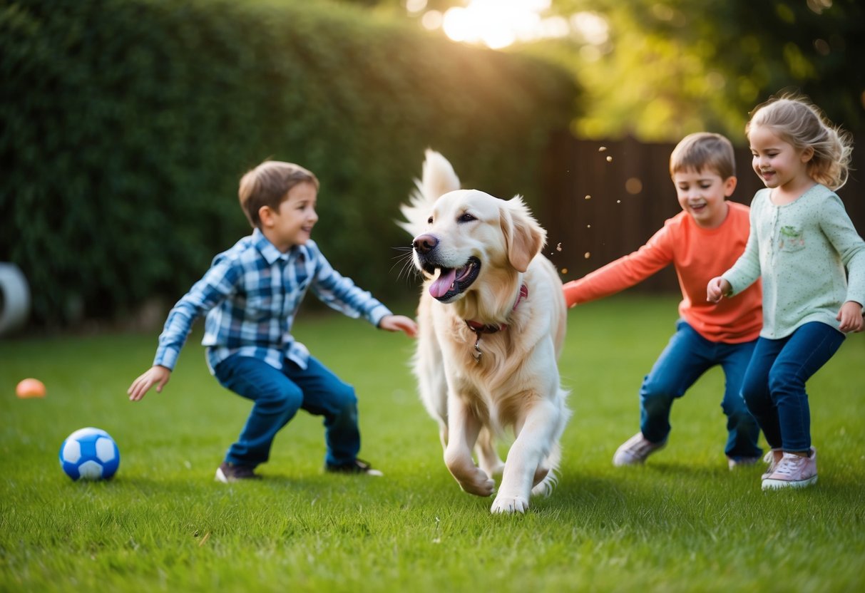 A golden retriever wagging its tail, playing with children in a grassy backyard