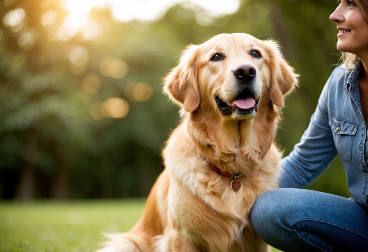 A golden retriever sitting faithfully by its owner's side, gazing up with adoring eyes