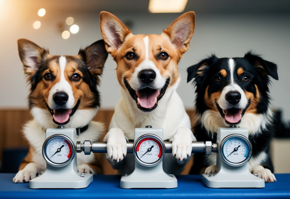 Three dogs of different breeds showcasing their strong bites on a pressure-measuring device