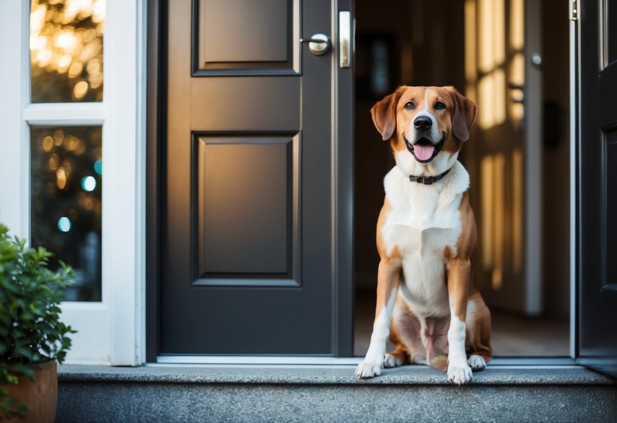 A loyal dog breed sitting by a front door, eagerly awaiting its owner's return with a wagging tail and attentive eyes